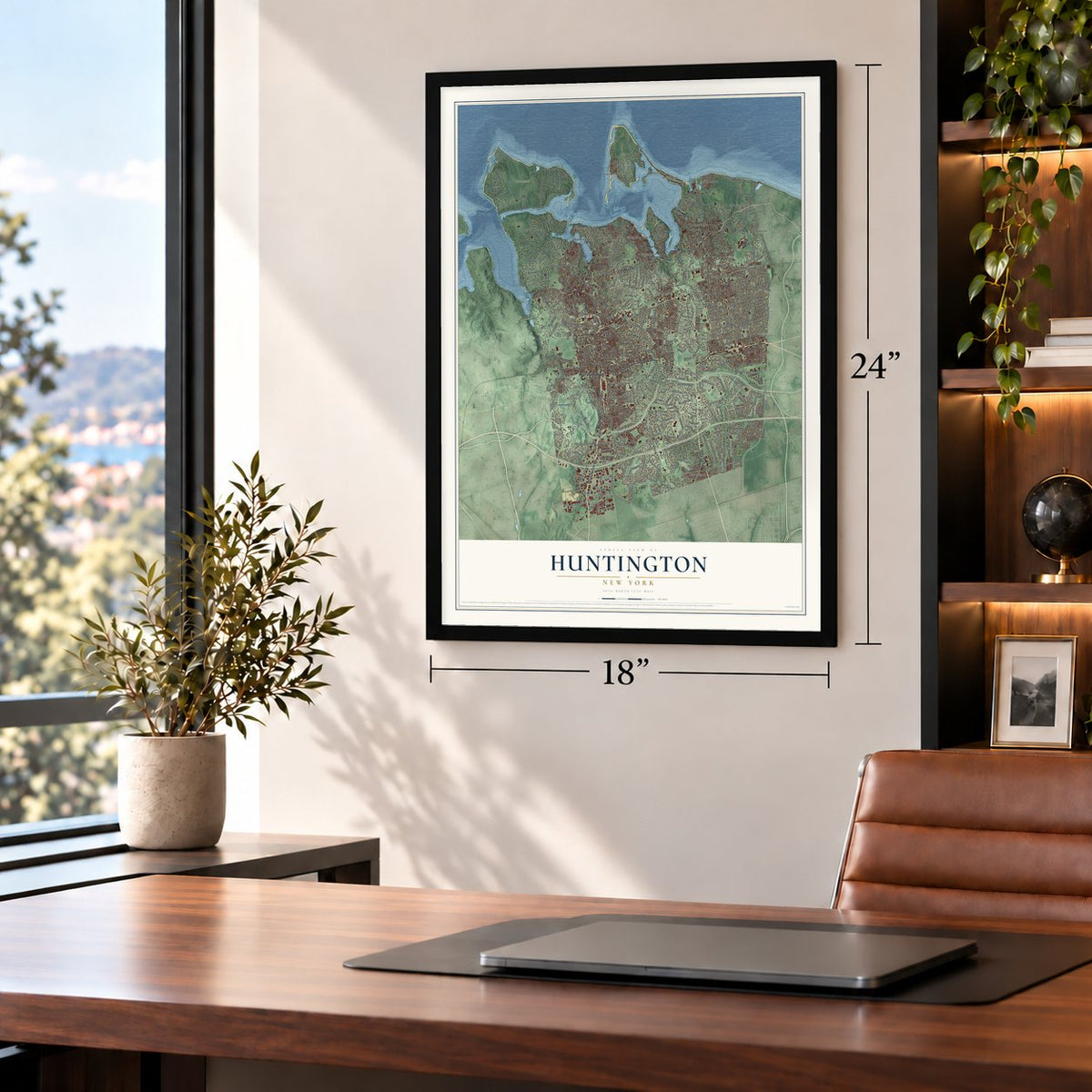 Huntington, New York map, 18 x 24 inch print in a black frame in a home office