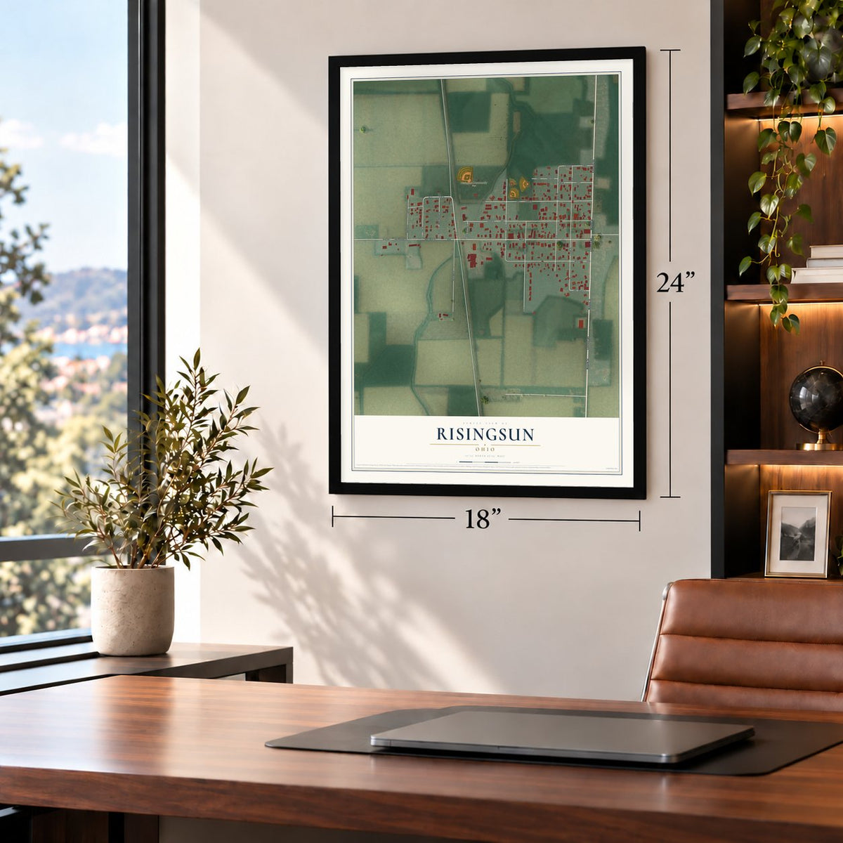 Risingsun, Ohio map, 18 x 24 inch print in a black frame in a home office