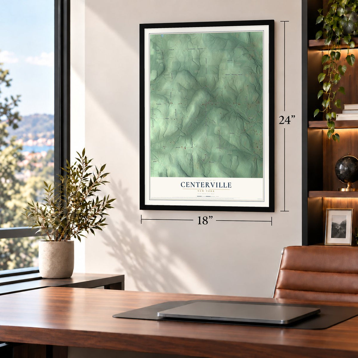 Centerville, New York map, 18 x 24 inch print in a black frame in a home office