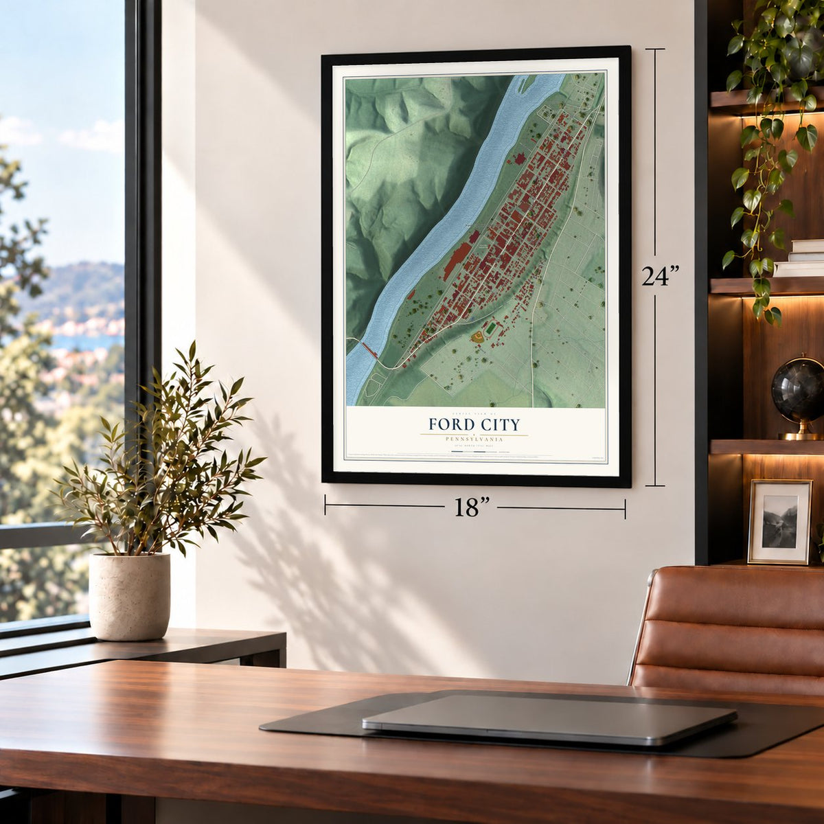 Ford City, Pennsylvania map, 18 x 24 inch print in a black frame in a home office