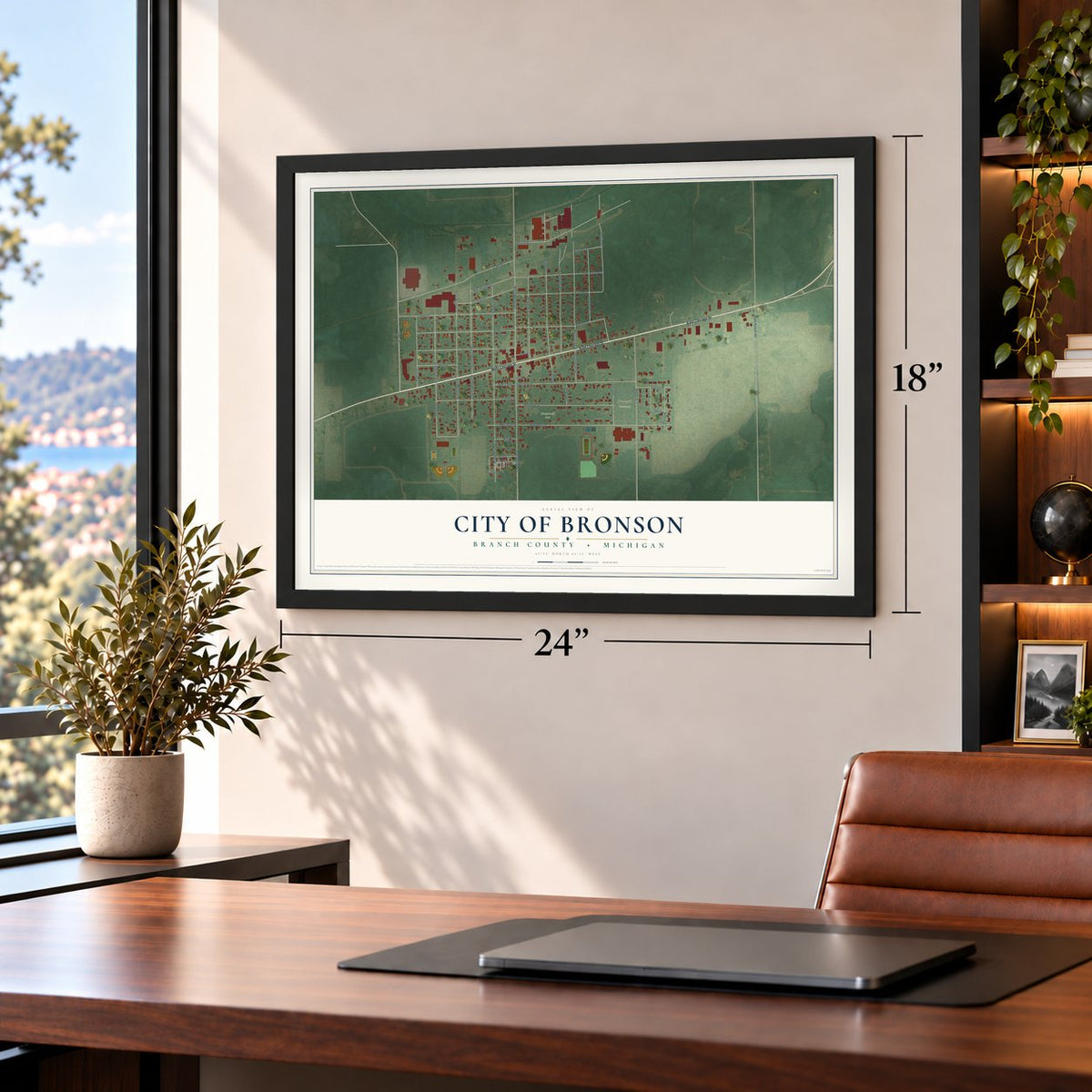 Bronson, Michigan map, 18 x 24 inch print in a black frame in a home office