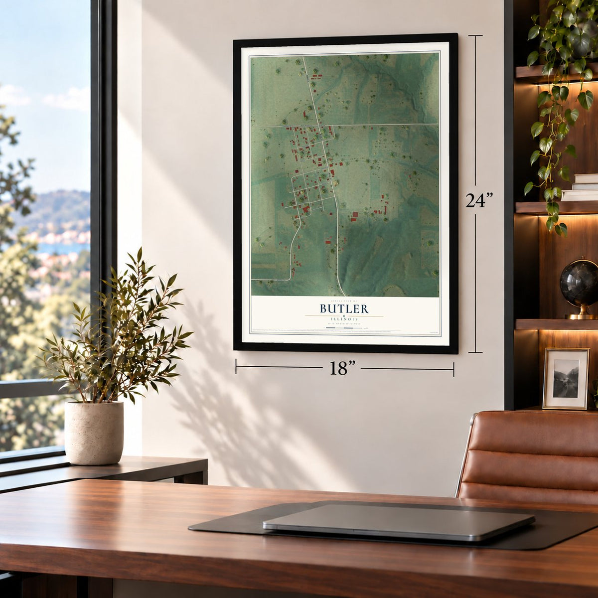 Butler, Illinois map, 18 x 24 inch print in a black frame in a home office