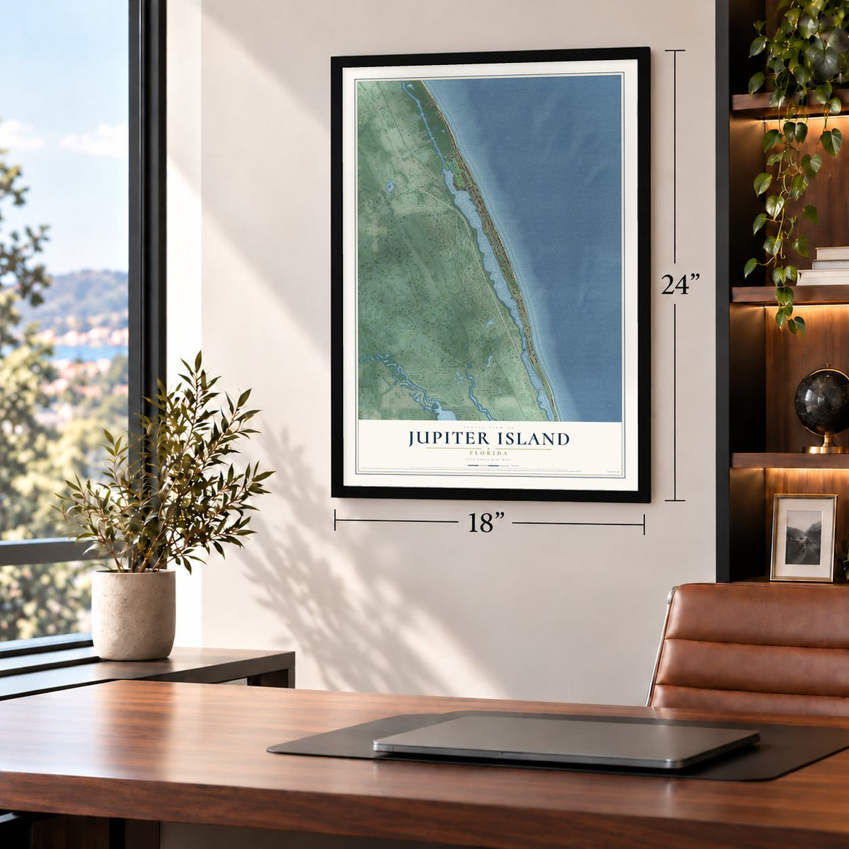 Jupiter Island, Florida map, 18 x 24 inch print in a black frame in a home office