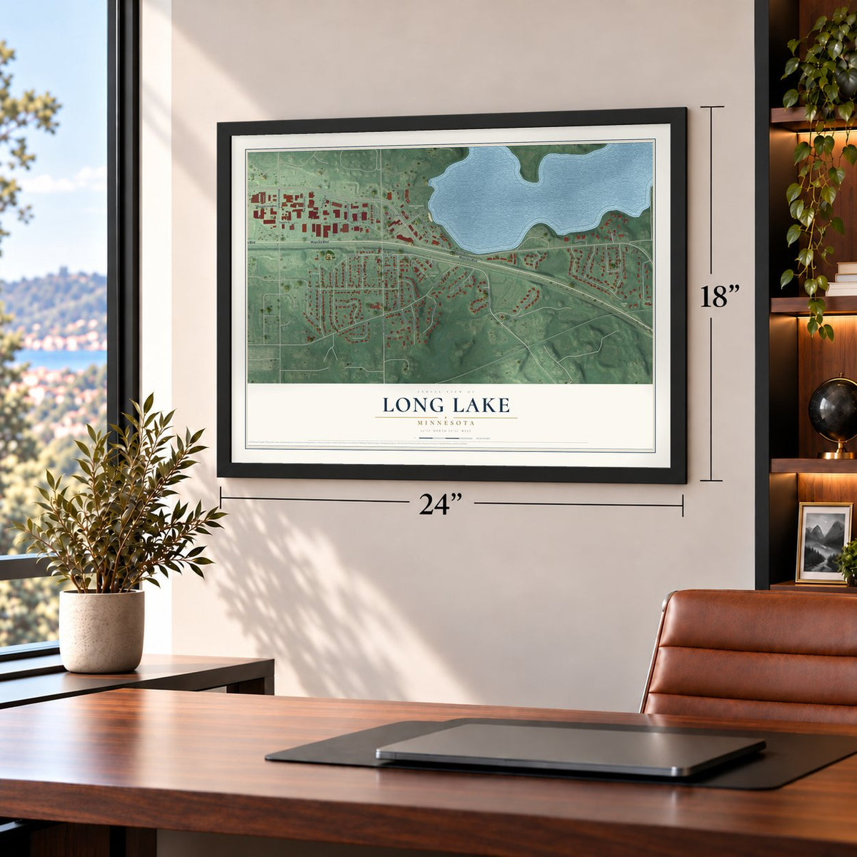 Long Lake, Minnesota map, 18 x 24 inch print in a black frame in a home office