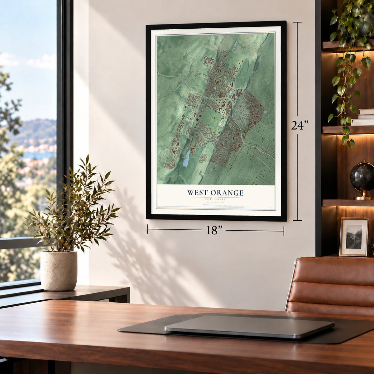 West Orange, New Jersey map, 18 x 24 inch print in a black frame in a home office