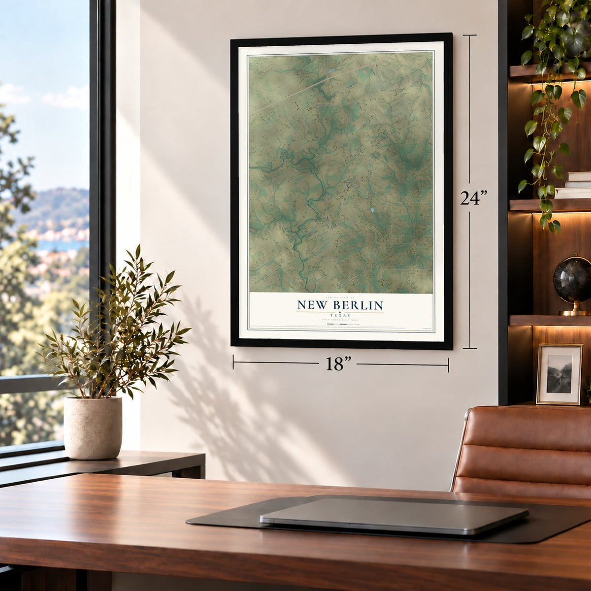 New Berlin, Texas map, 18 x 24 inch print in a black frame in a home office