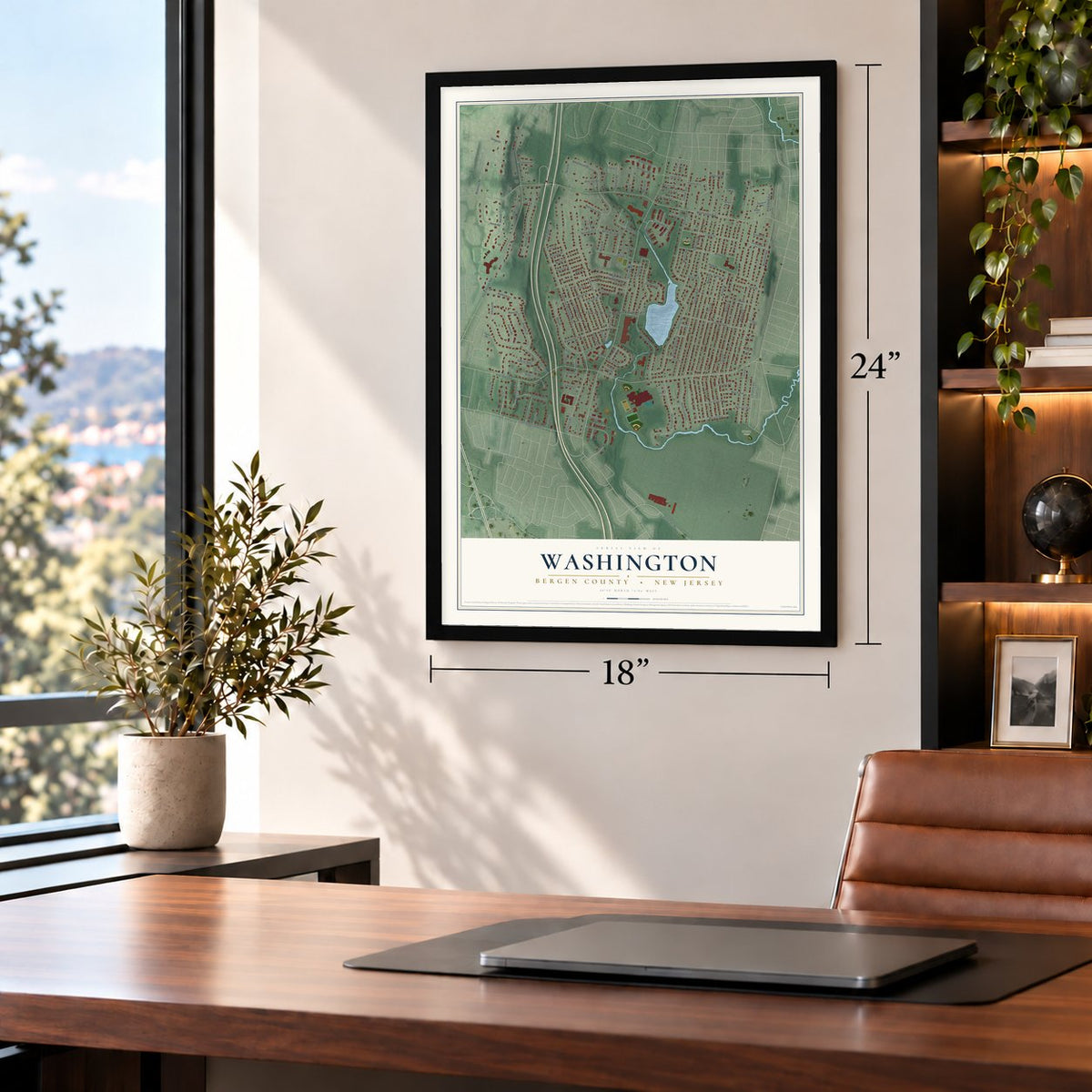 Washington, Bergen County, New Jersey map, 18 x 24 inch print in a black frame in a home office