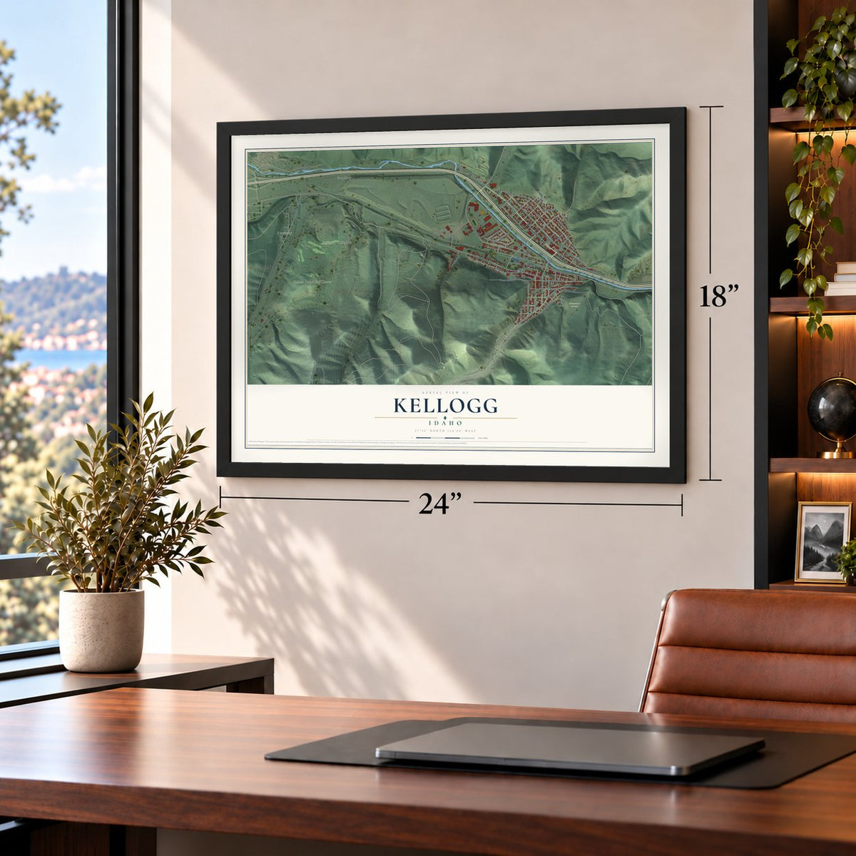 Kellogg, Idaho map, 18 x 24 inch print in a black frame in a home office
