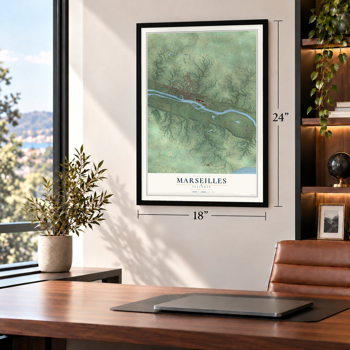 Marseilles, Illinois map, 18 x 24 inch print in a black frame in a home office