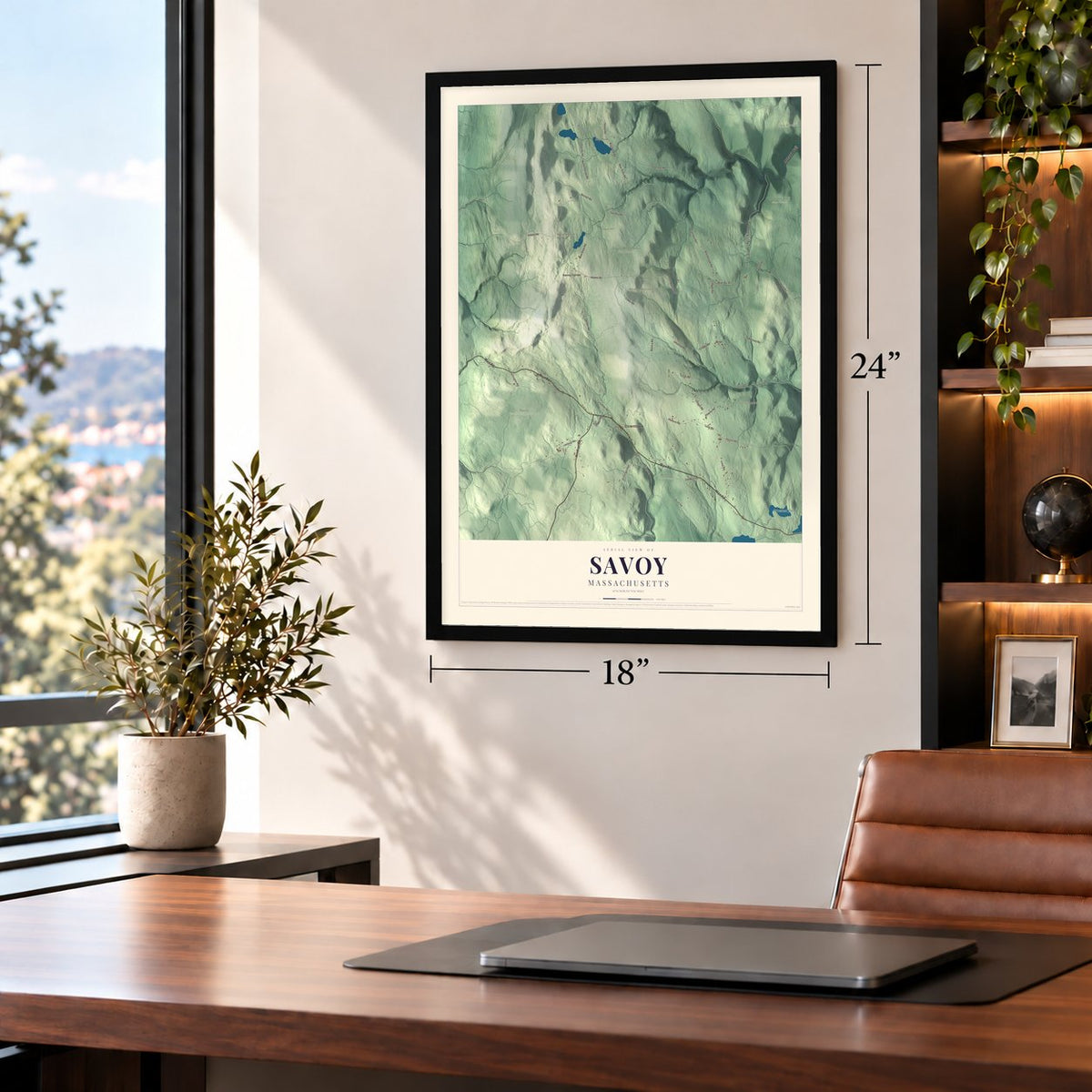Savoy, Massachusetts map, 18 x 24 inch print in a black frame in a home office