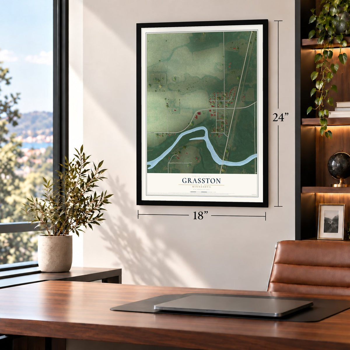 Grasston, Minnesota map, 18 x 24 inch print in a black frame in a home office
