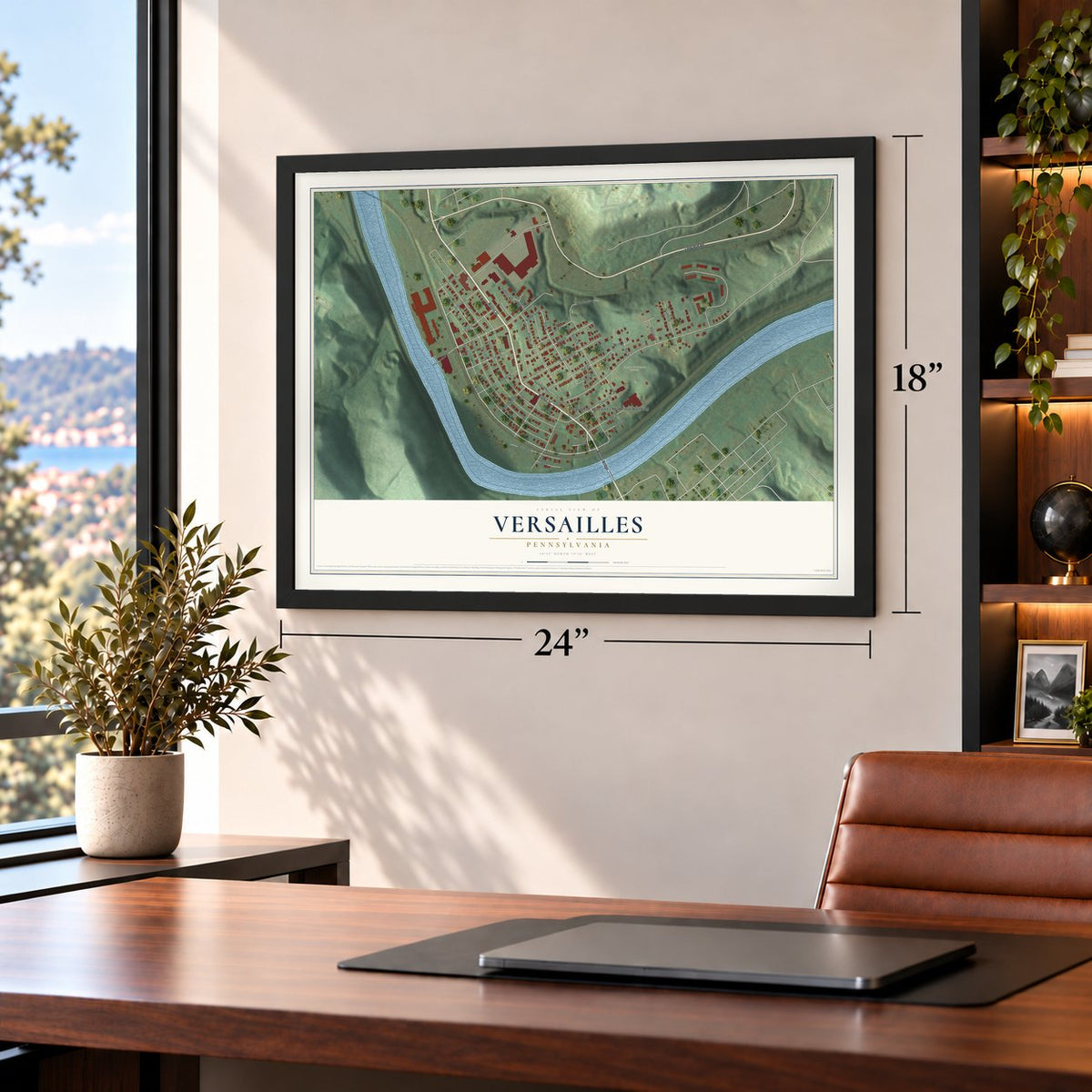 Versailles, Pennsylvania map, 18 x 24 inch print in a black frame in a home office