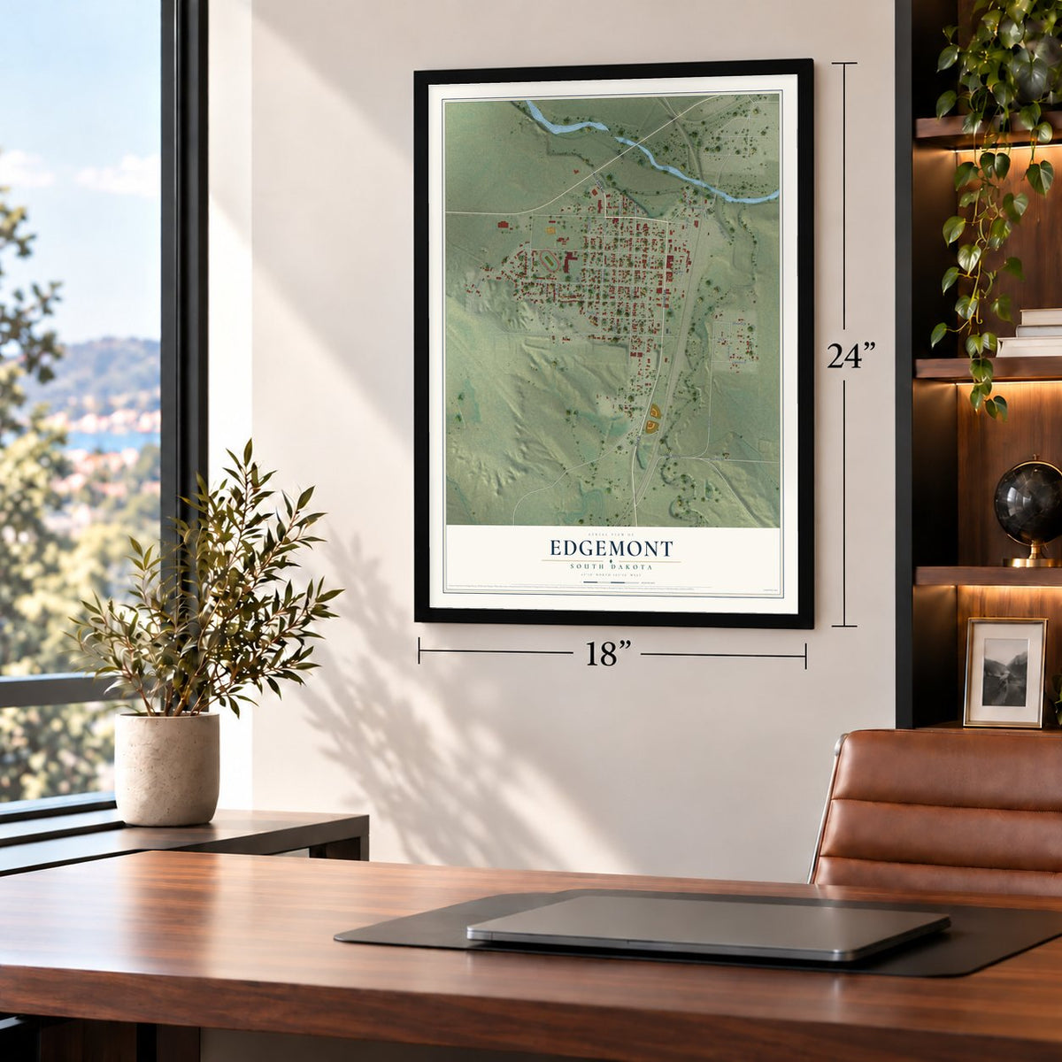 Edgemont, South Dakota map, 18 x 24 inch print in a black frame in a home office
