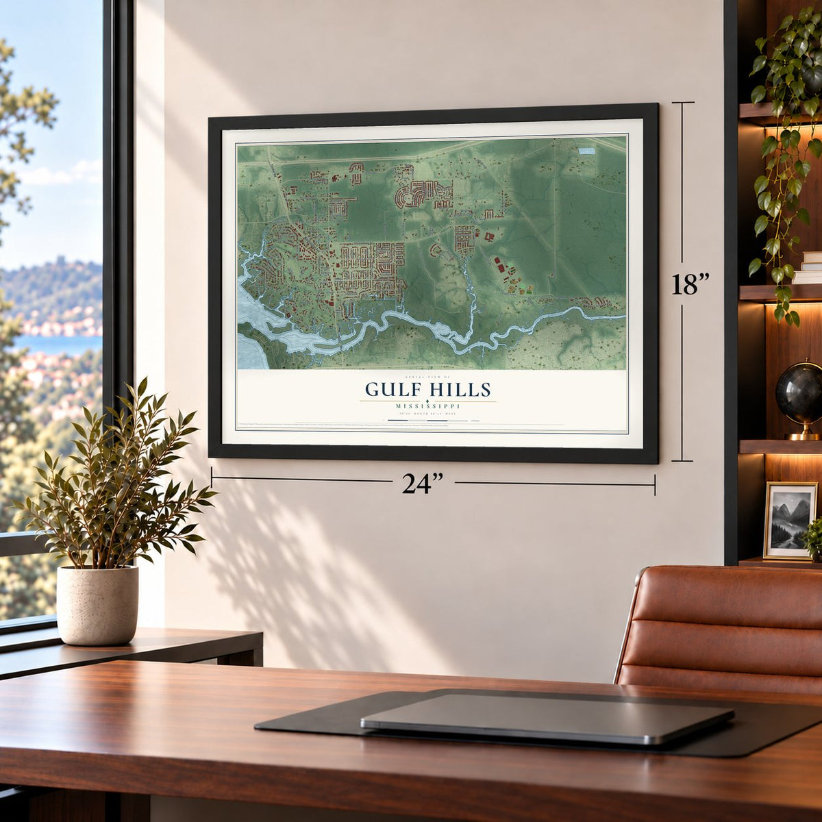 Gulf Hills, Mississippi map, 18 x 24 inch print in a black frame in a home office