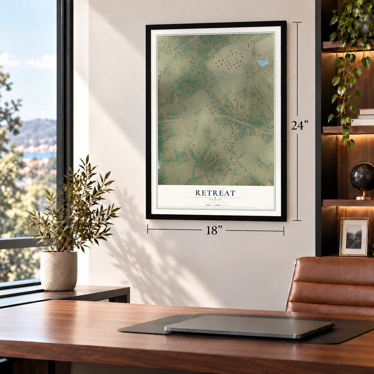 Retreat, Texas map, 18 x 24 inch print in a black frame in a home office