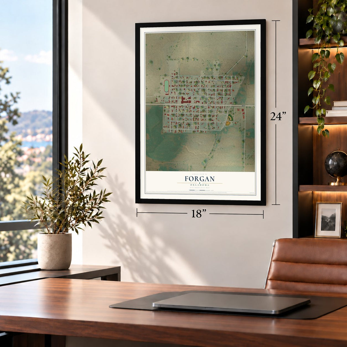 Forgan, Oklahoma map, 18 x 24 inch print in a black frame in a home office