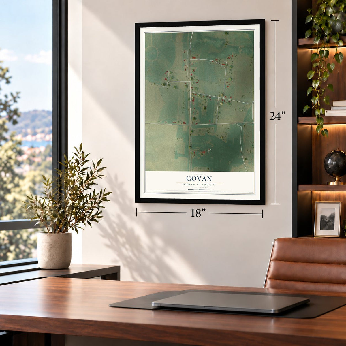 Govan, South Carolina map, 18 x 24 inch print in a black frame in a home office