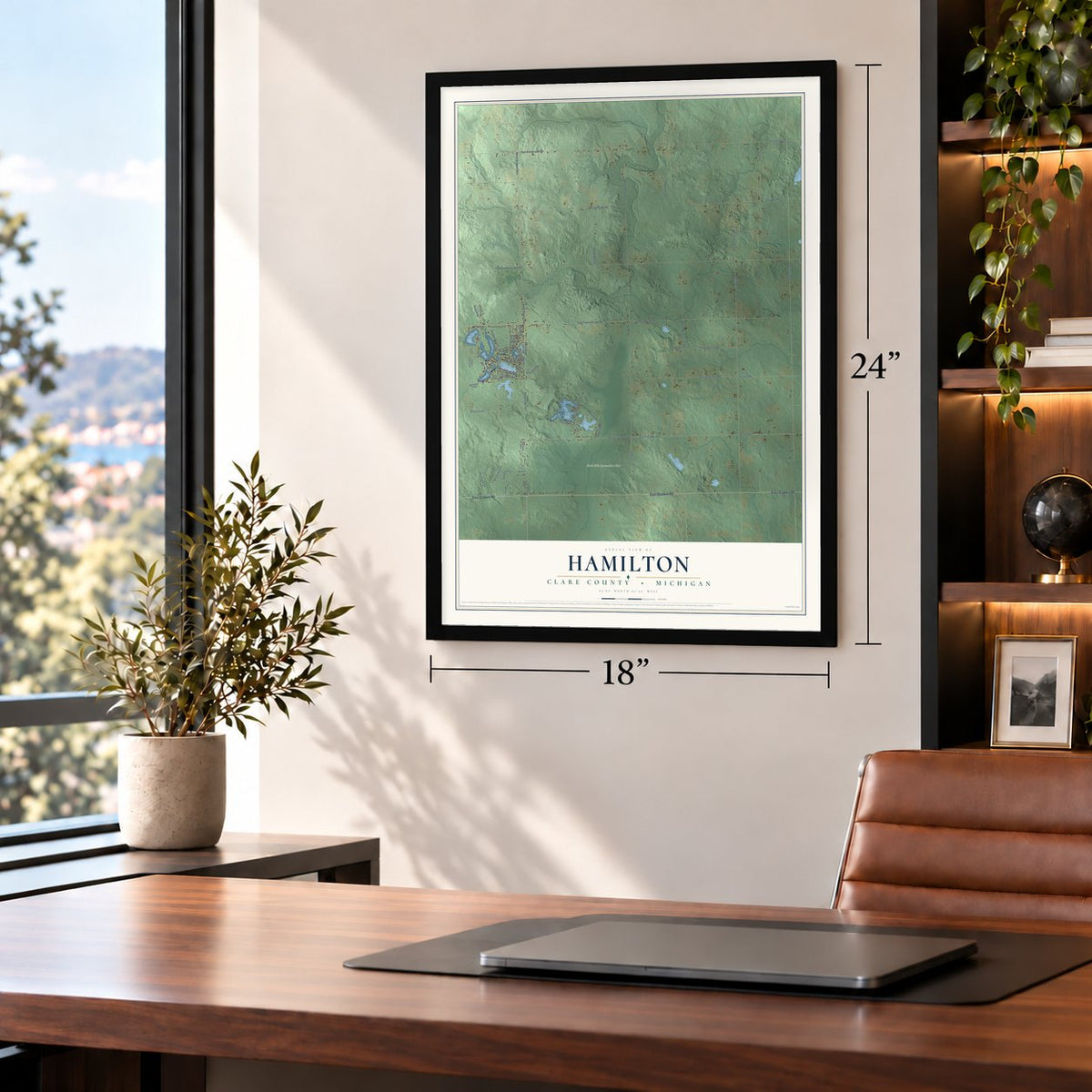 Hamilton, Clare County, Michigan map, 18 x 24 inch print in a black frame in a home office