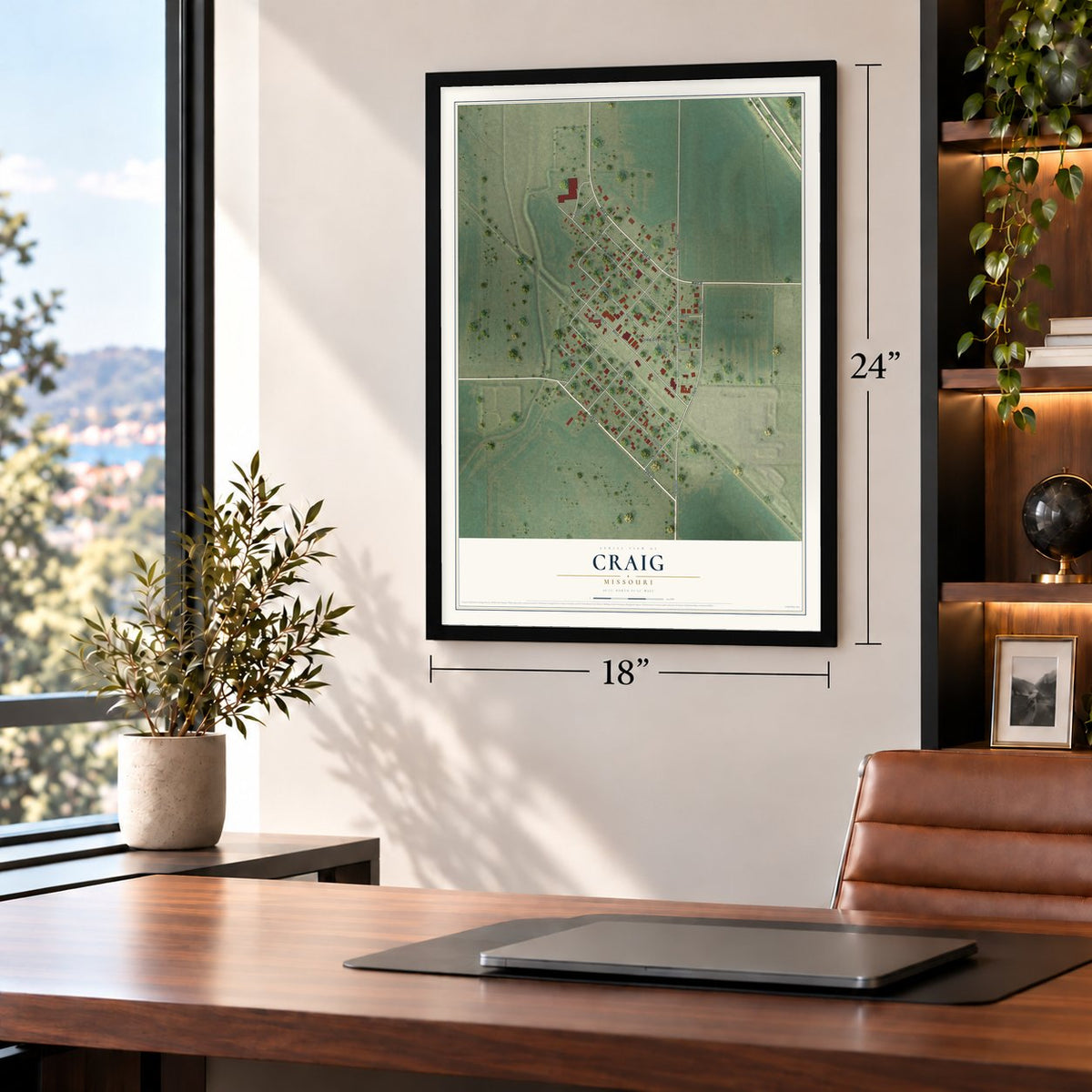 Craig, Missouri map, 18 x 24 inch print in a black frame in a home office