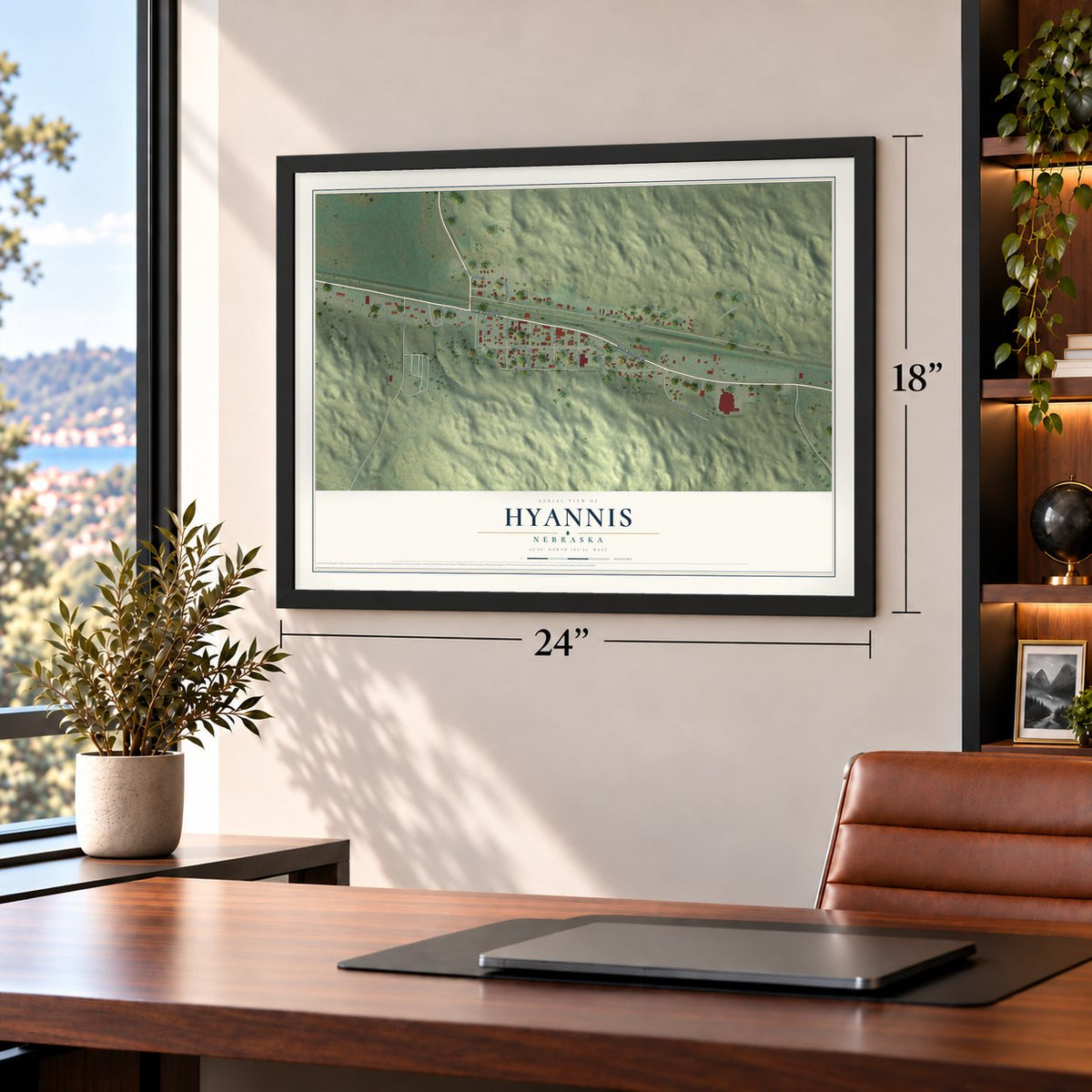 Hyannis, Nebraska map, 18 x 24 inch print in a black frame in a home office