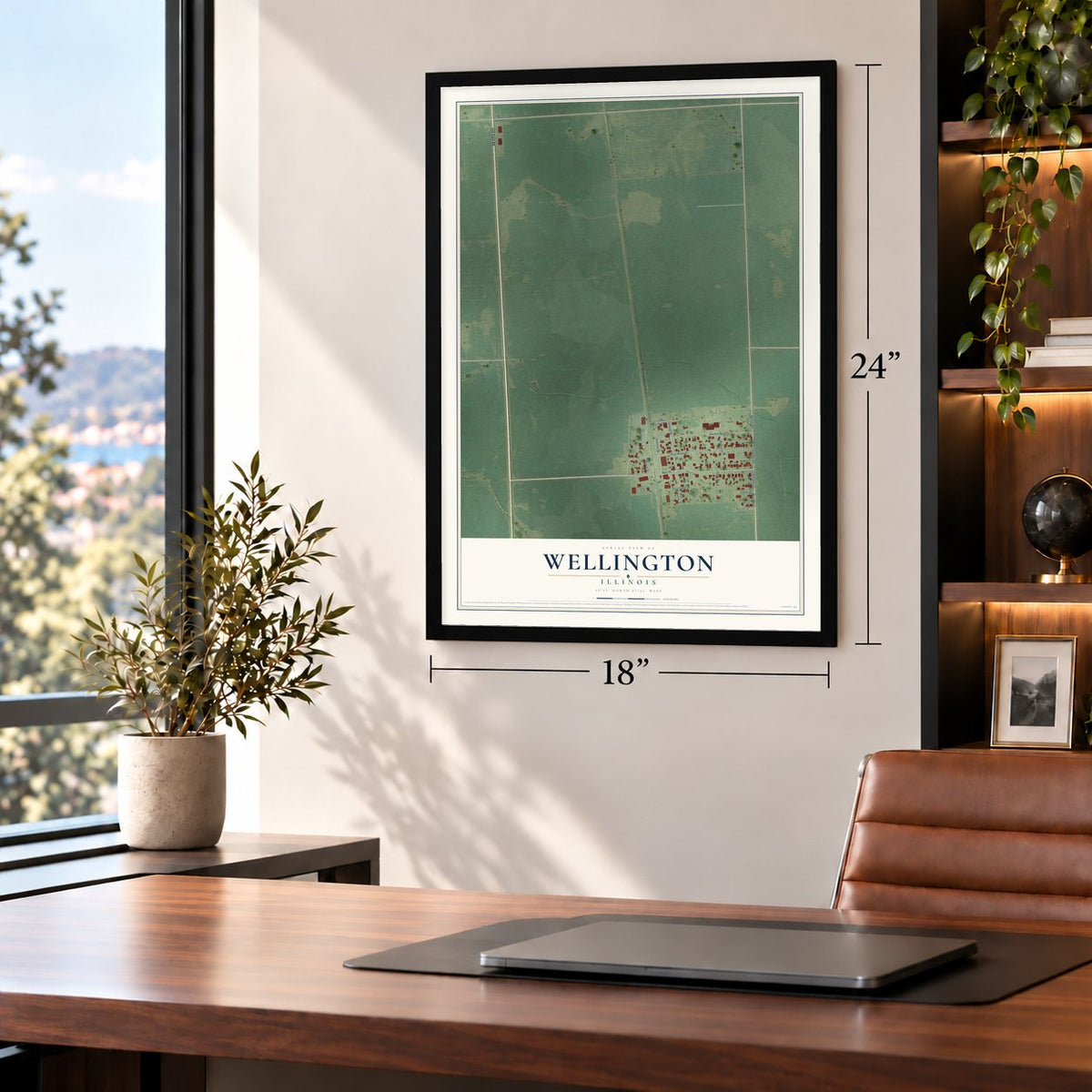 Wellington, Illinois map, 18 x 24 inch print in a black frame in a home office