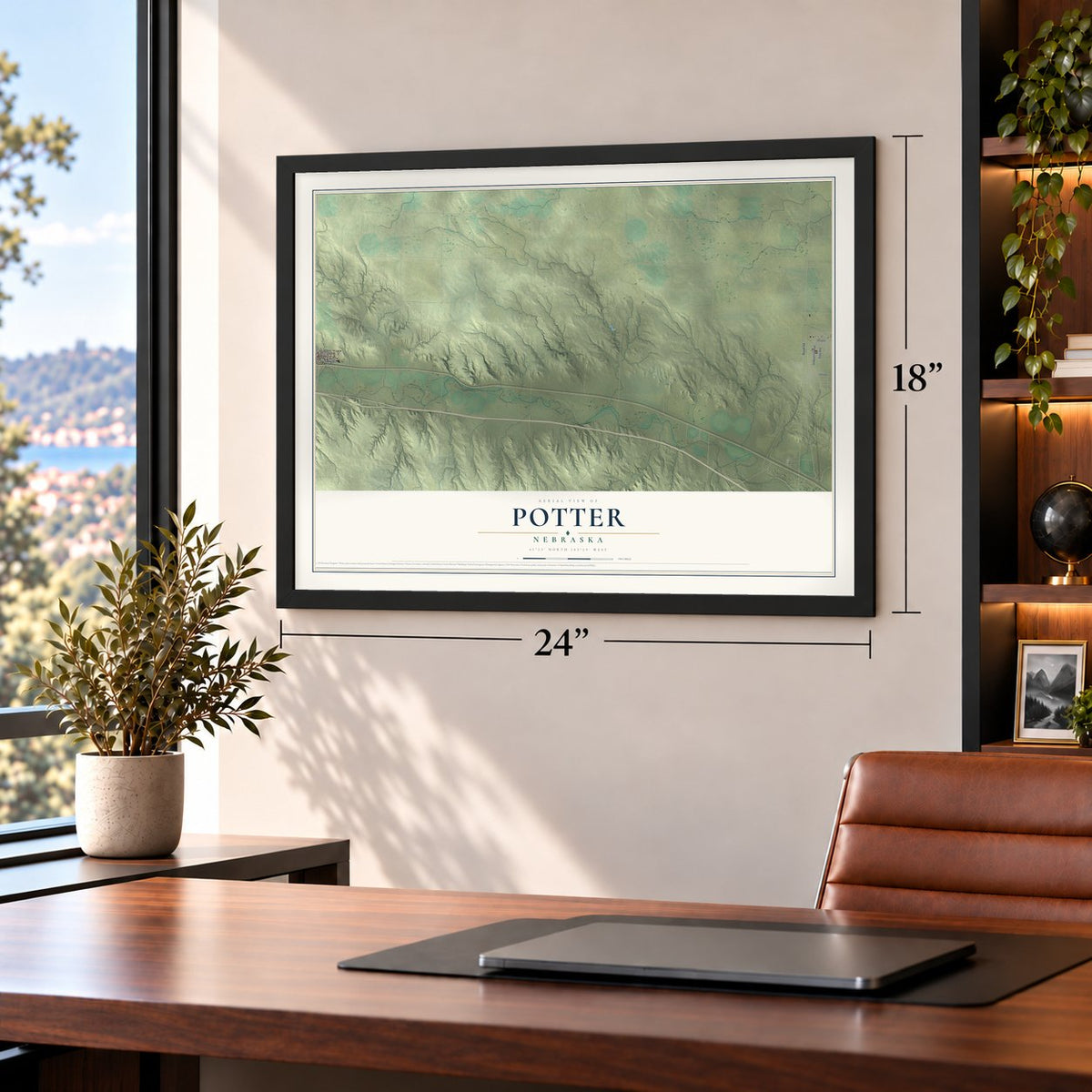 Potter, Nebraska map, 18 x 24 inch print in a black frame in a home office