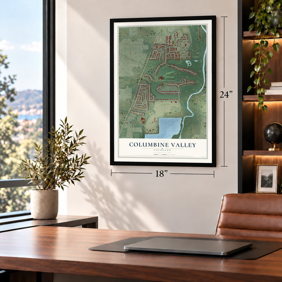 Columbine Valley, Colorado map, 18 x 24 inch print in a black frame in a home office