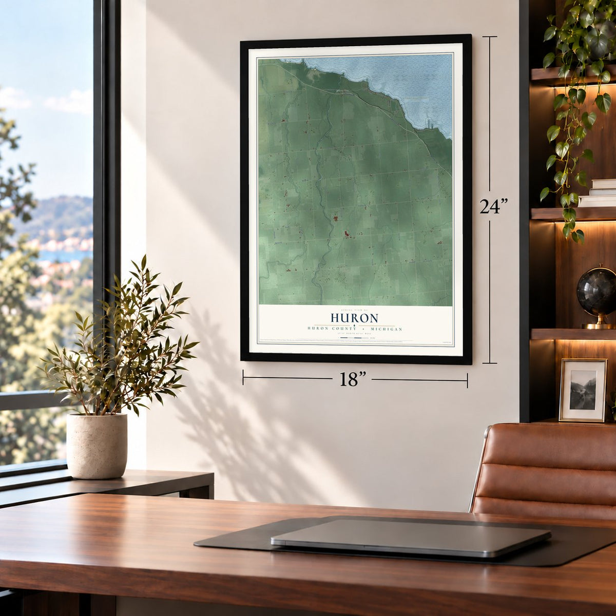 Huron, Huron County, Michigan map, 18 x 24 inch print in a black frame in a home office