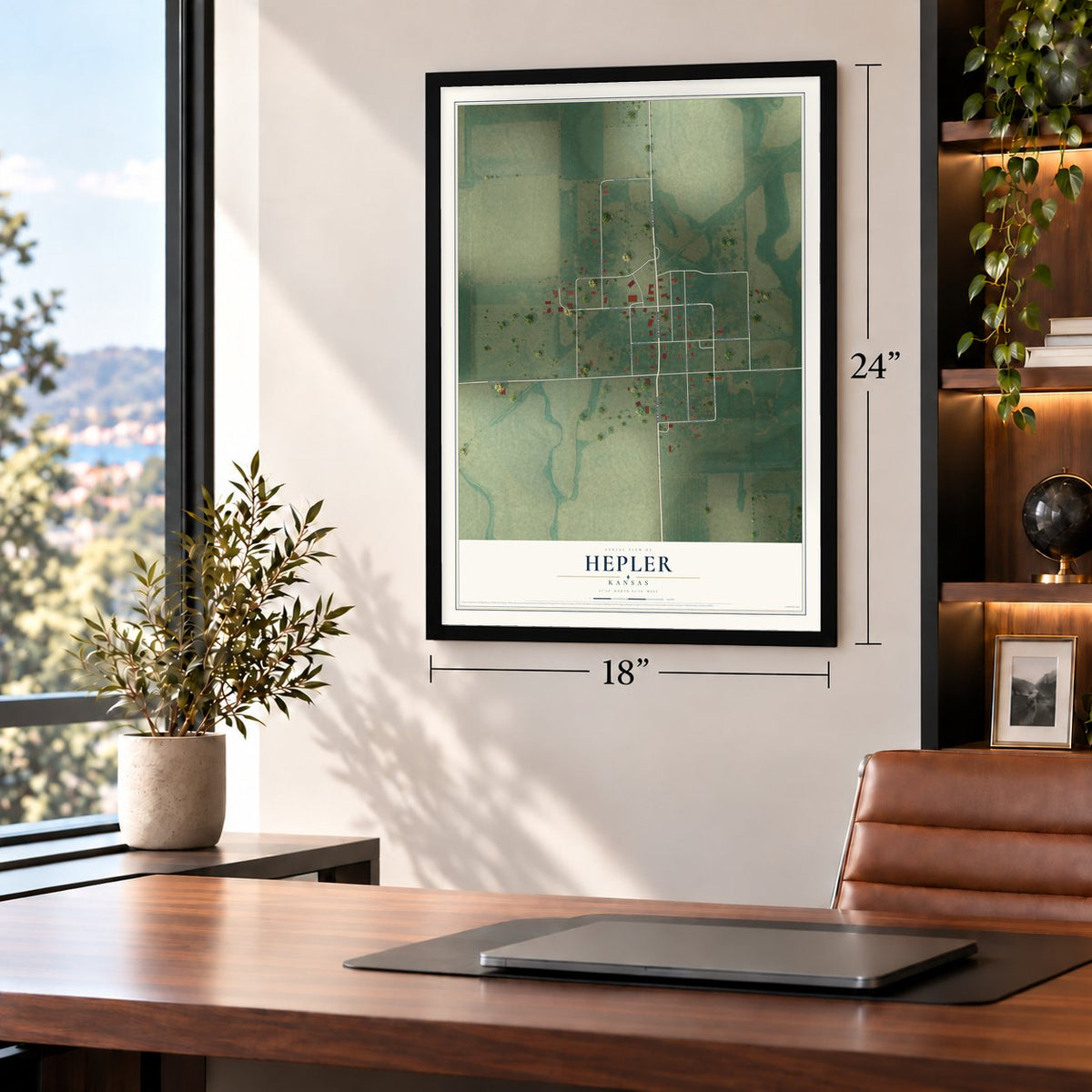 Hepler, Kansas map, 18 x 24 inch print in a black frame in a home office