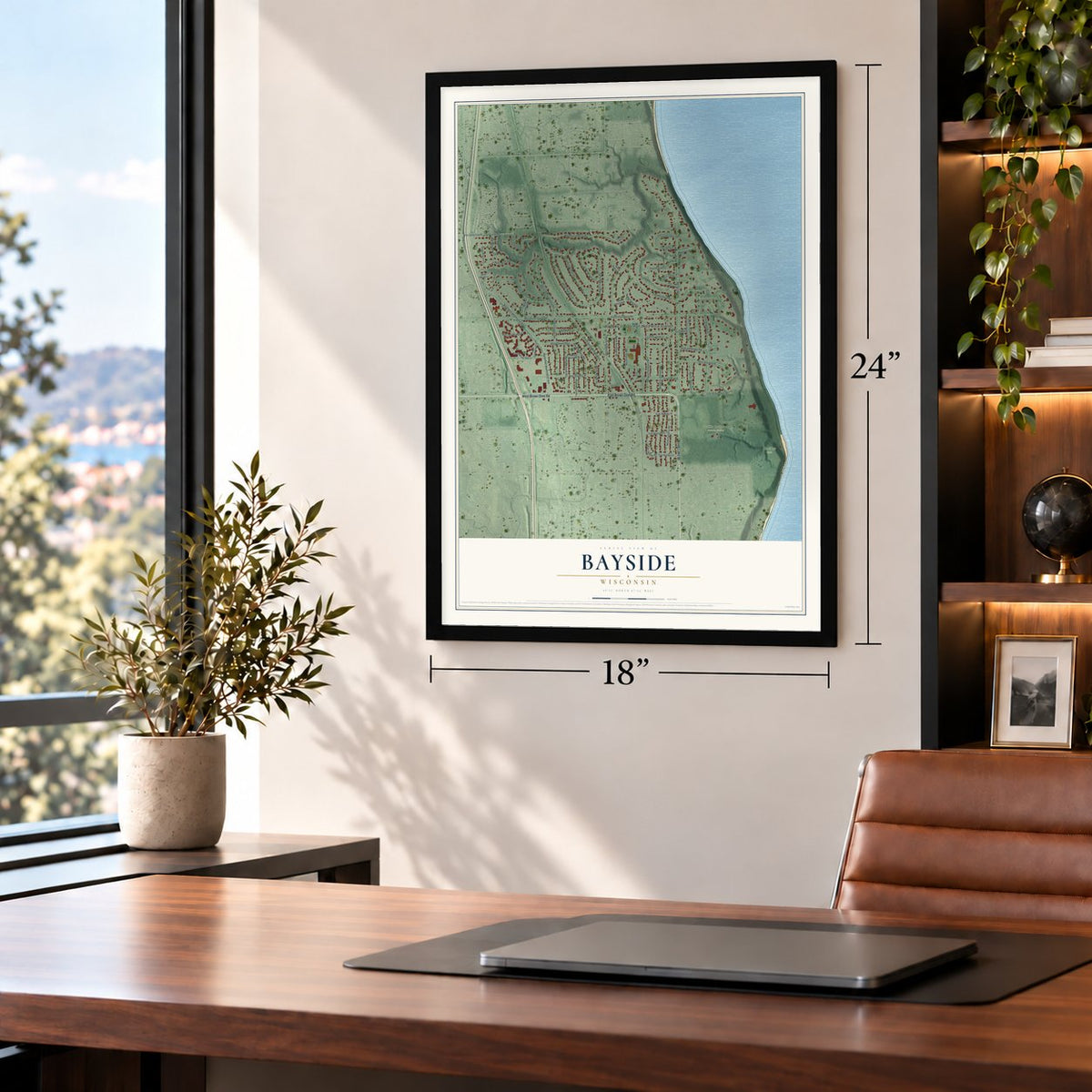 Bayside, Wisconsin map, 18 x 24 inch print in a black frame in a home office