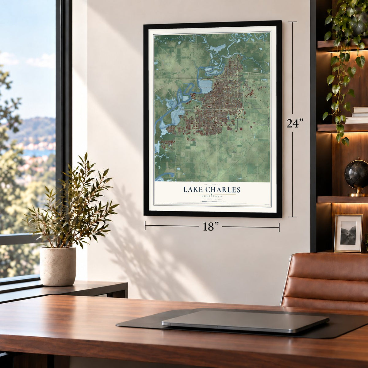 Lake Charles, Louisiana map, 18 x 24 inch print in a black frame in a home office