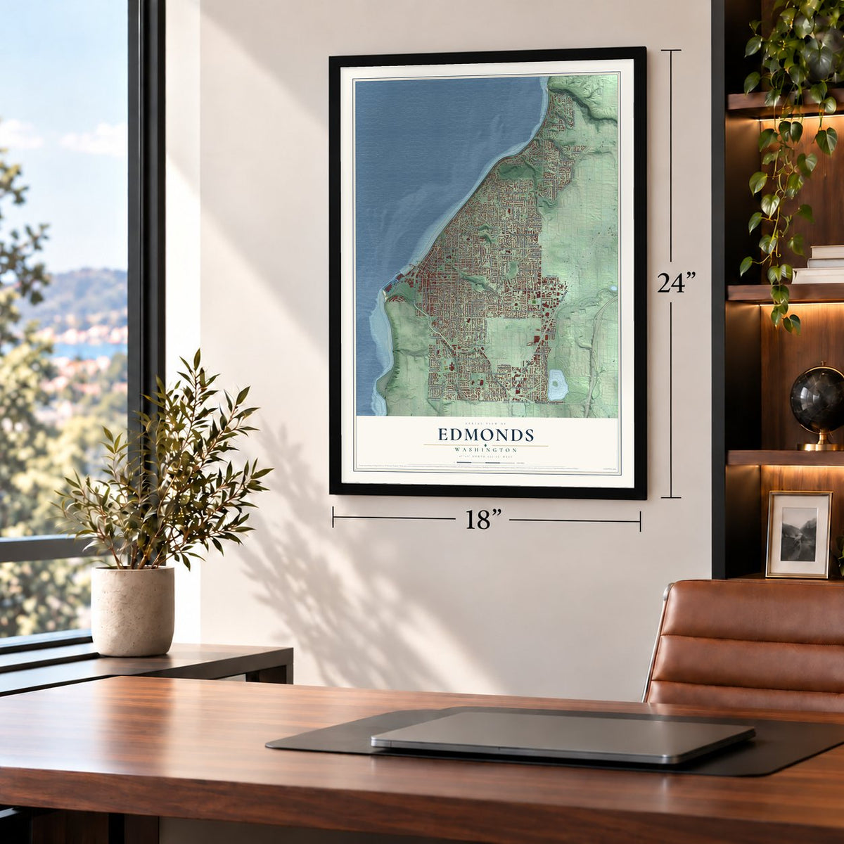 Edmonds, Washington map, 18 x 24 inch print in a black frame in a home office