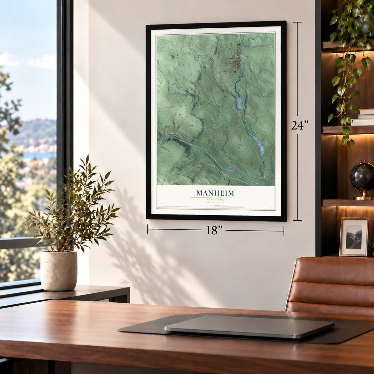 Manheim, New York map, 18 x 24 inch print in a black frame in a home office