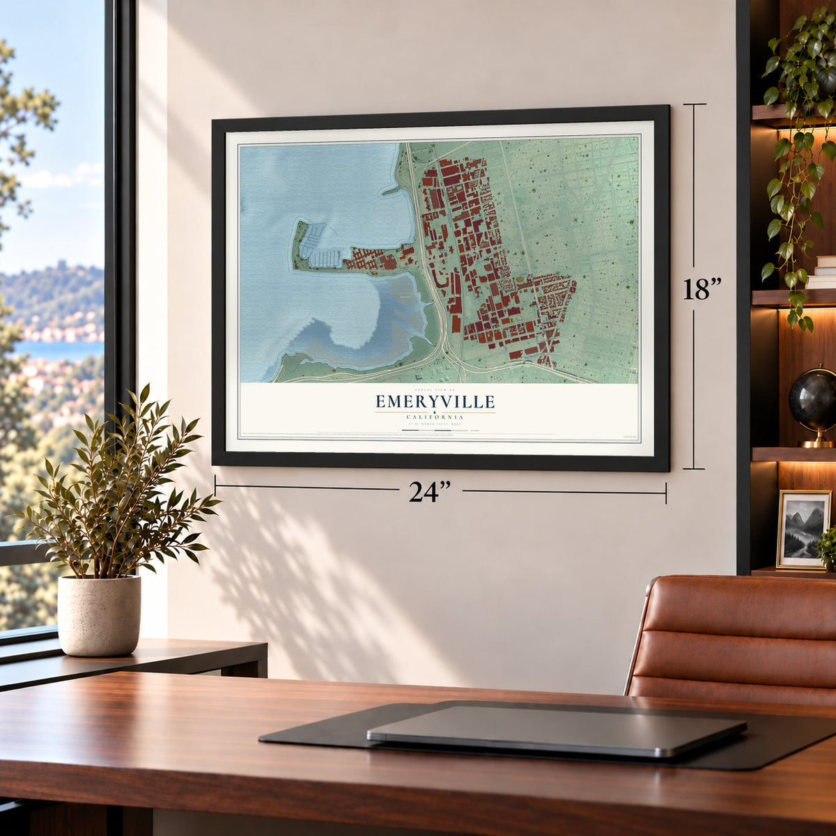 Emeryville, California map, 18 x 24 inch print in a black frame in a home office