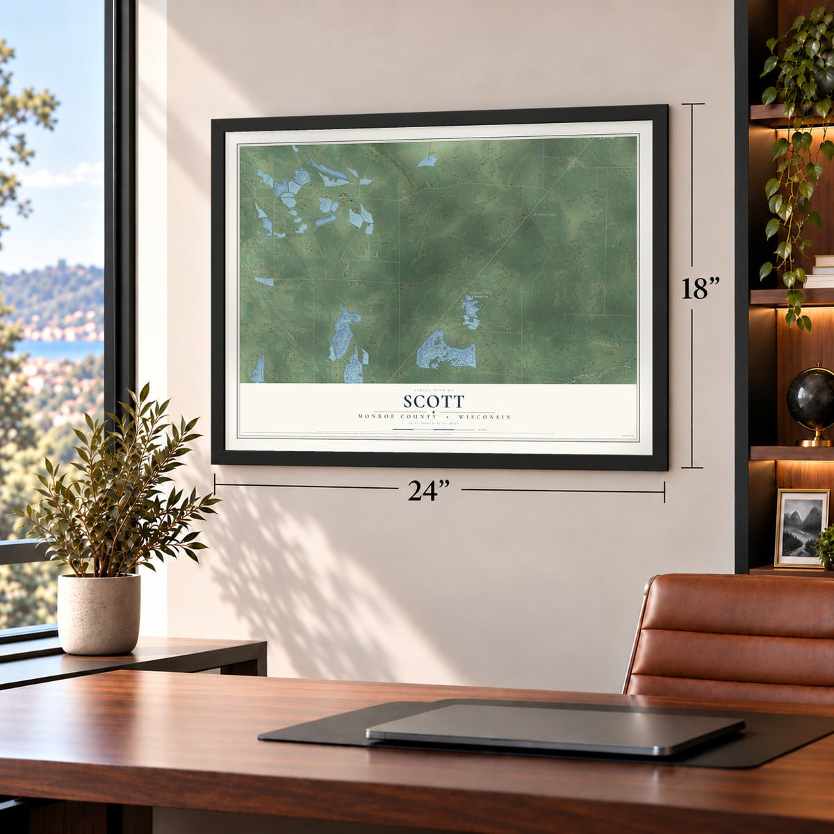 Scott, Monroe County, Wisconsin map, 18 x 24 inch print in a black frame in a home office