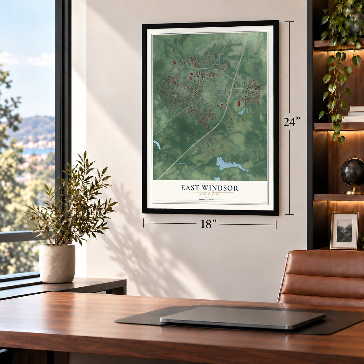 East Windsor, New Jersey map, 18 x 24 inch print in a black frame in a home office