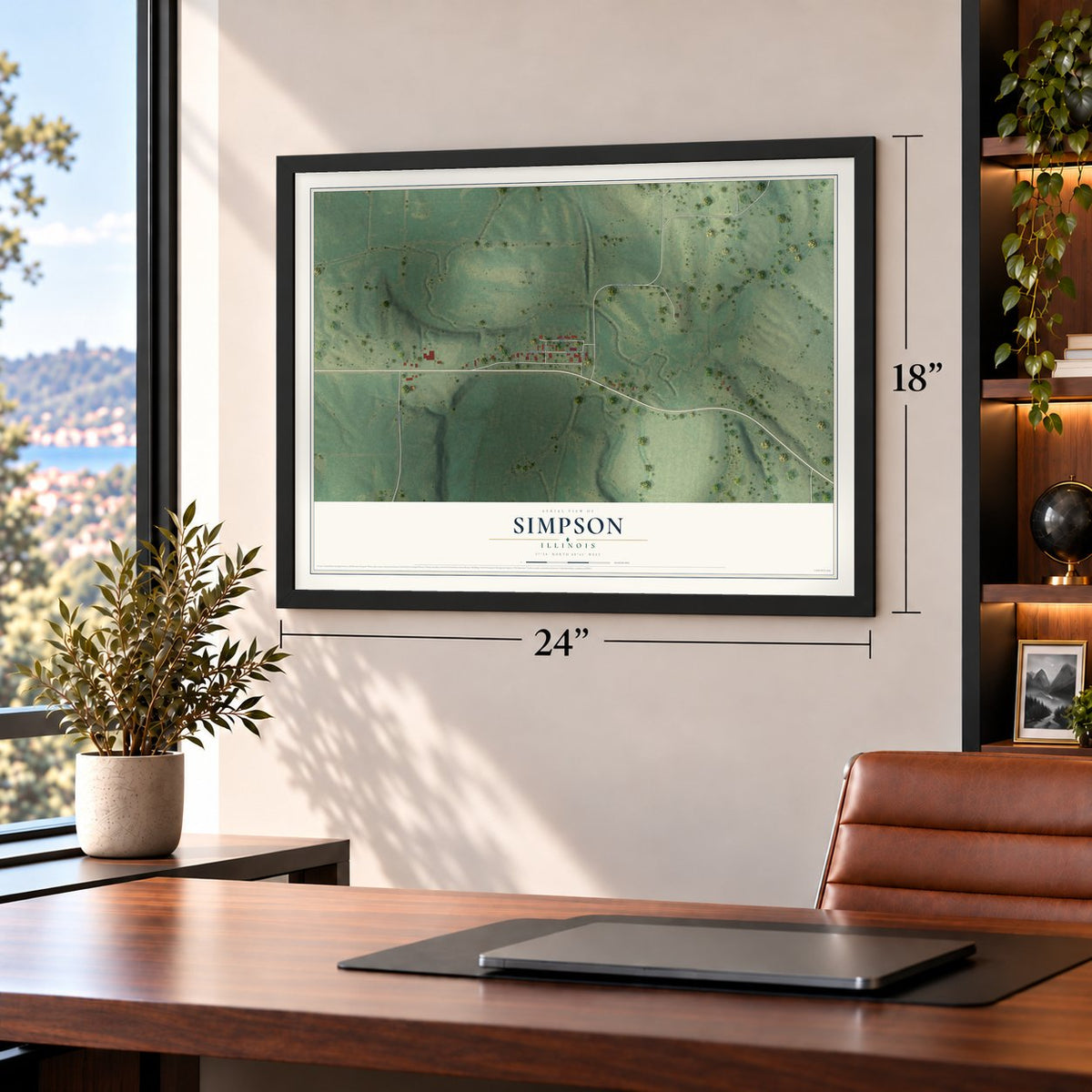 Simpson, Illinois map, 18 x 24 inch print in a black frame in a home office