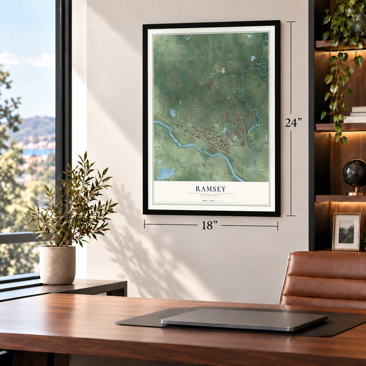 Ramsey, Minnesota map, 18 x 24 inch print in a black frame in a home office