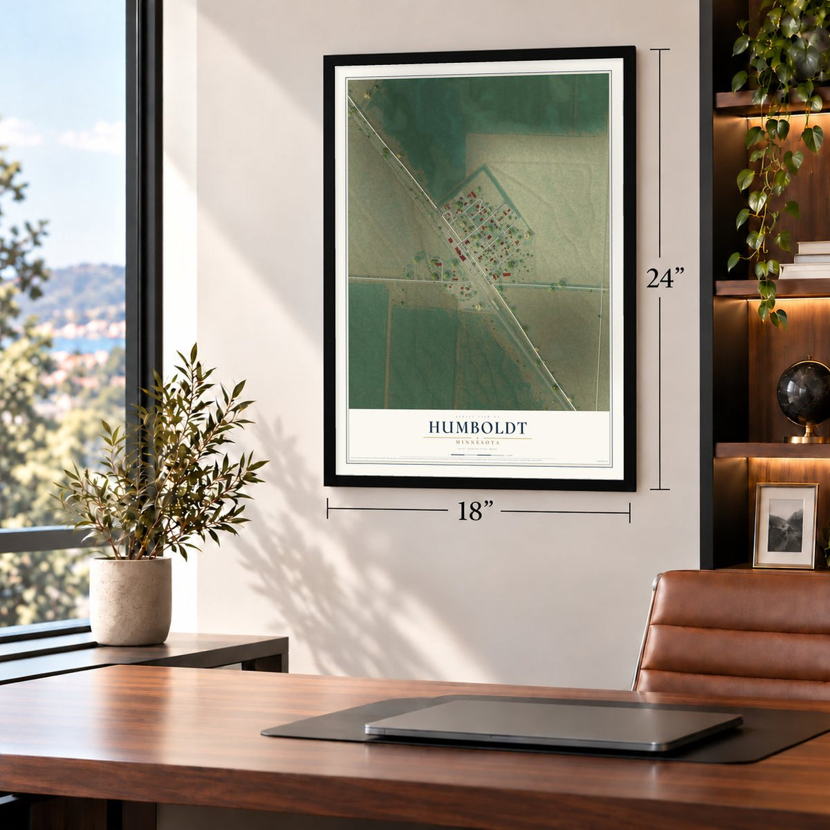 Humboldt, Minnesota map, 18 x 24 inch print in a black frame in a home office