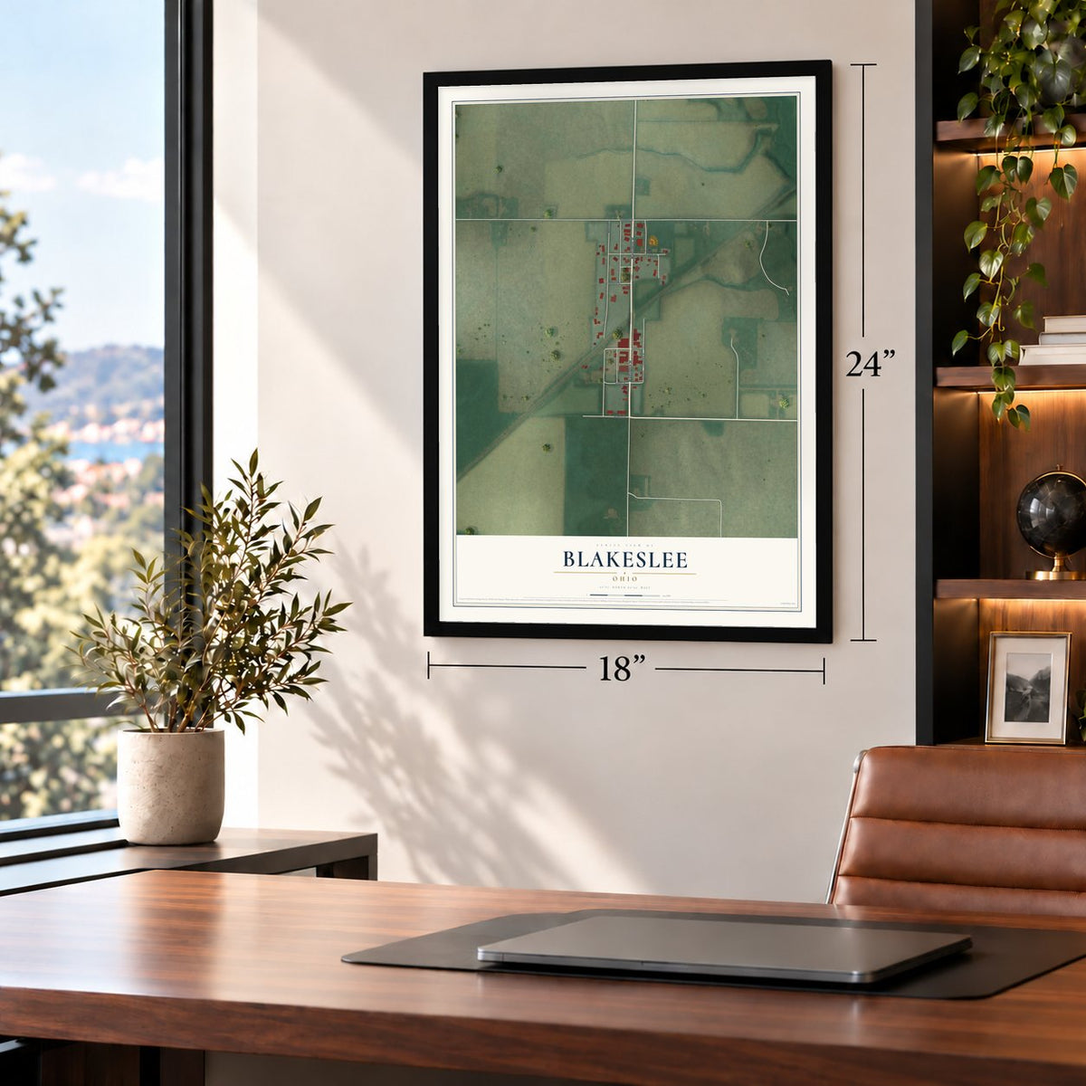 Blakeslee, Ohio map, 18 x 24 inch print in a black frame in a home office
