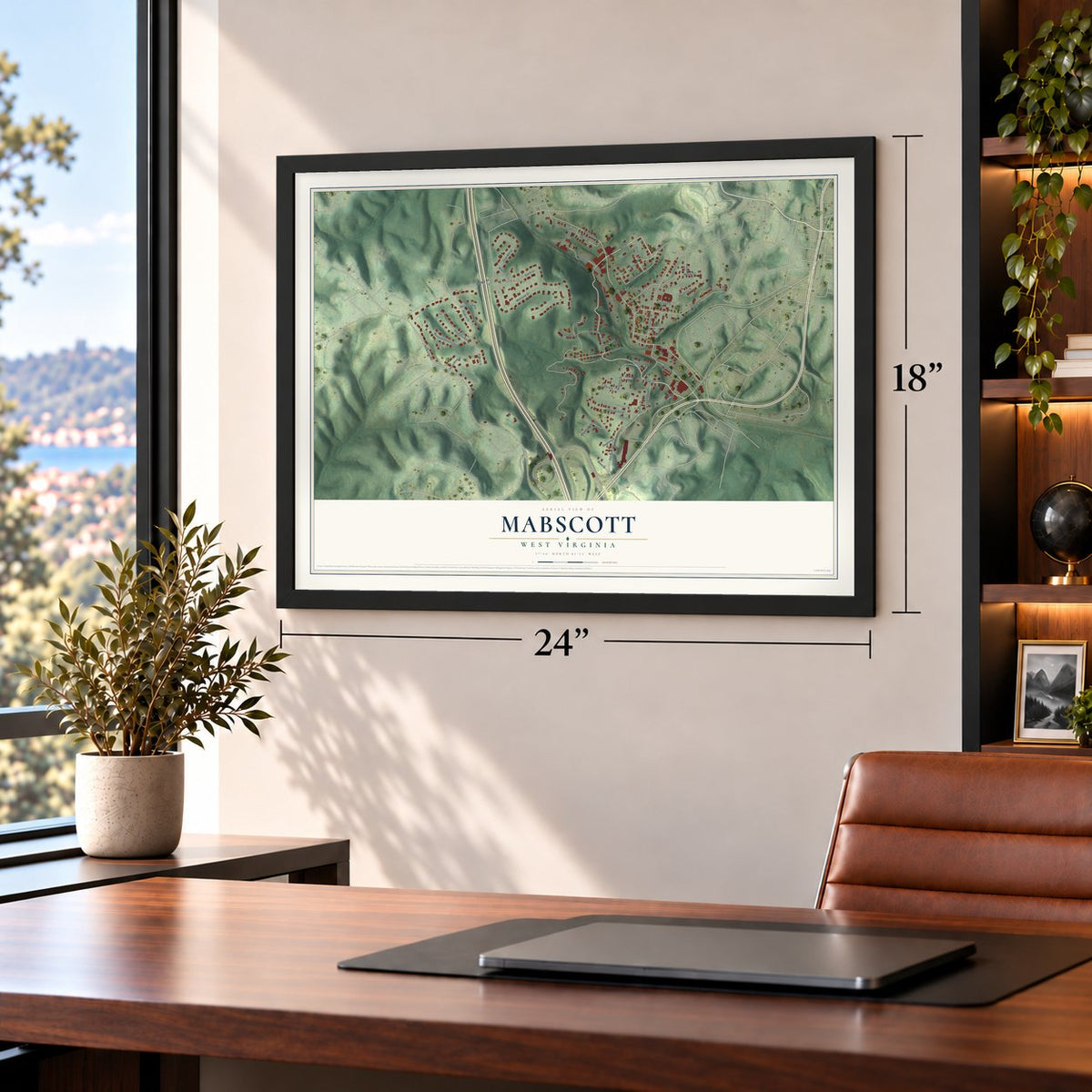 Mabscott, West Virginia map, 18 x 24 inch print in a black frame in a home office