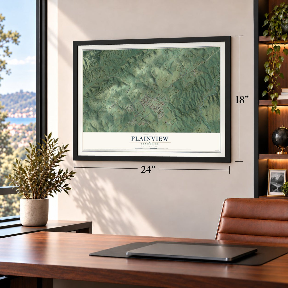 Plainview, Tennessee map, 18 x 24 inch print in a black frame in a home office