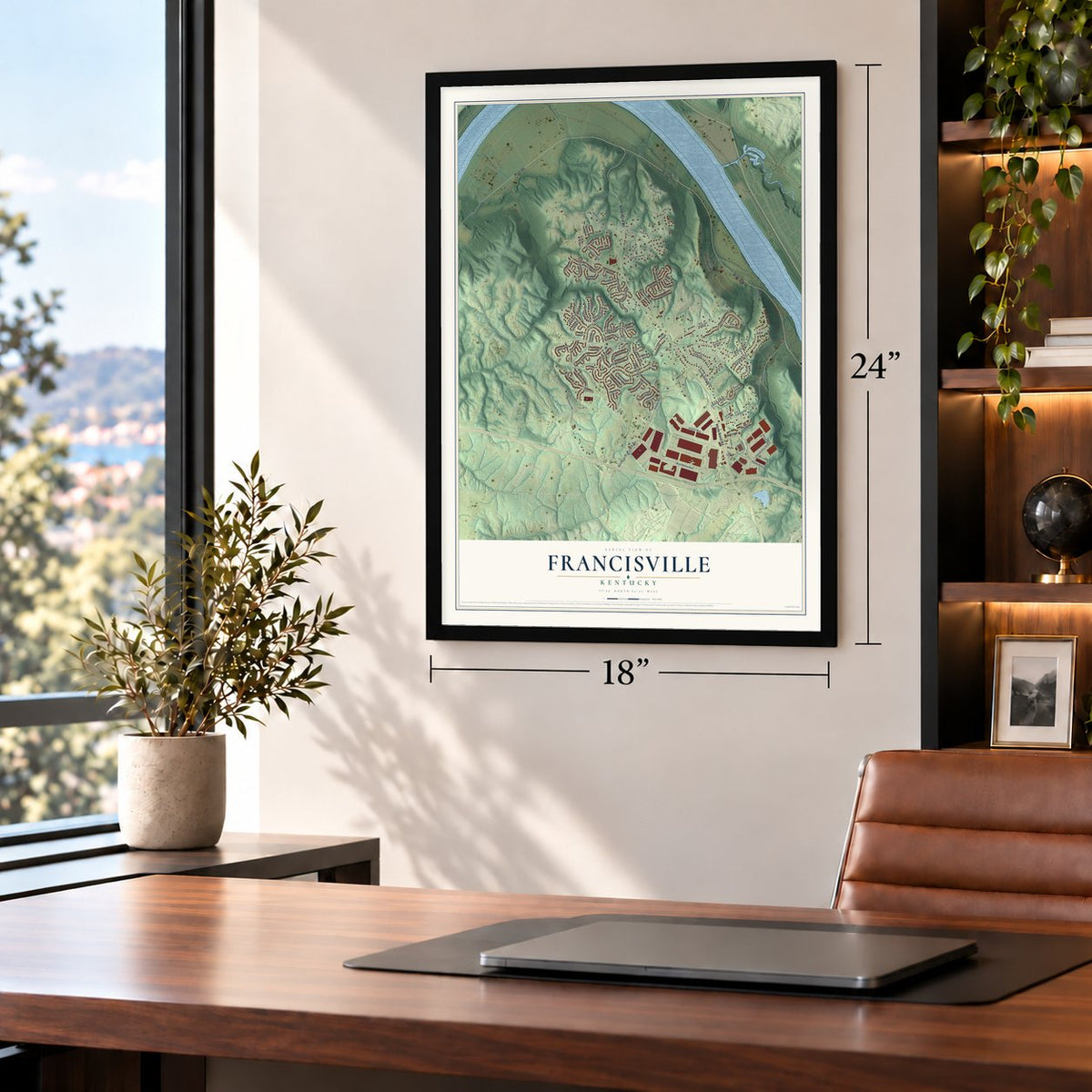 Francisville, Kentucky map, 18 x 24 inch print in a black frame in a home office