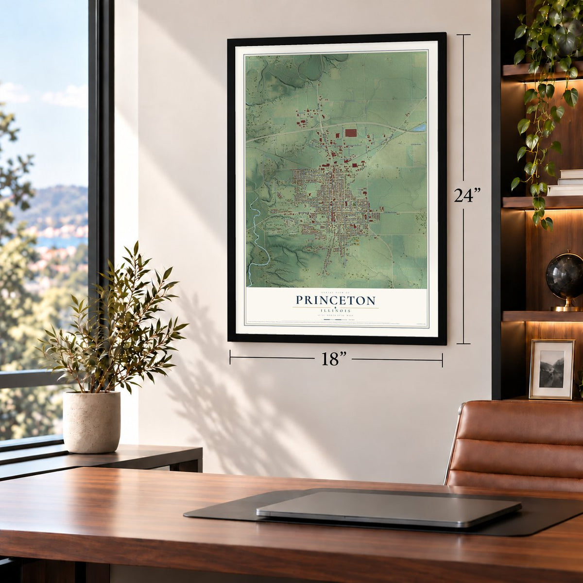 Princeton, Illinois map, 18 x 24 inch print in a black frame in a home office
