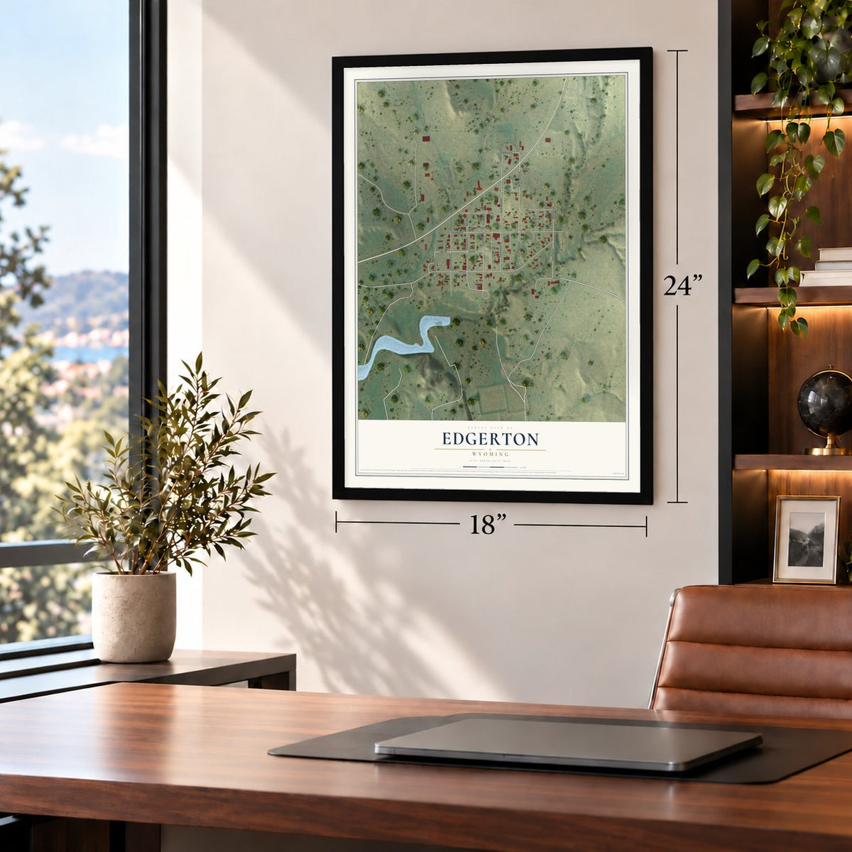 Edgerton, Wyoming map, 18 x 24 inch print in a black frame in a home office