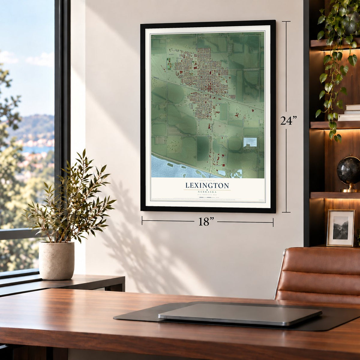 Lexington, Nebraska map, 18 x 24 inch print in a black frame in a home office