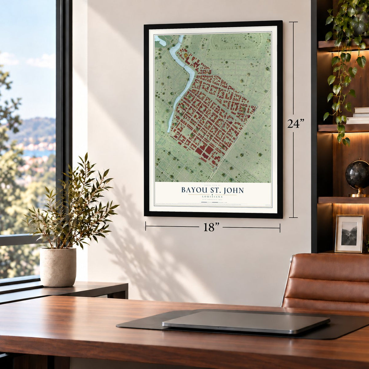 Bayou St. John, Louisiana map, 18 x 24 inch print in a black frame in a home office
