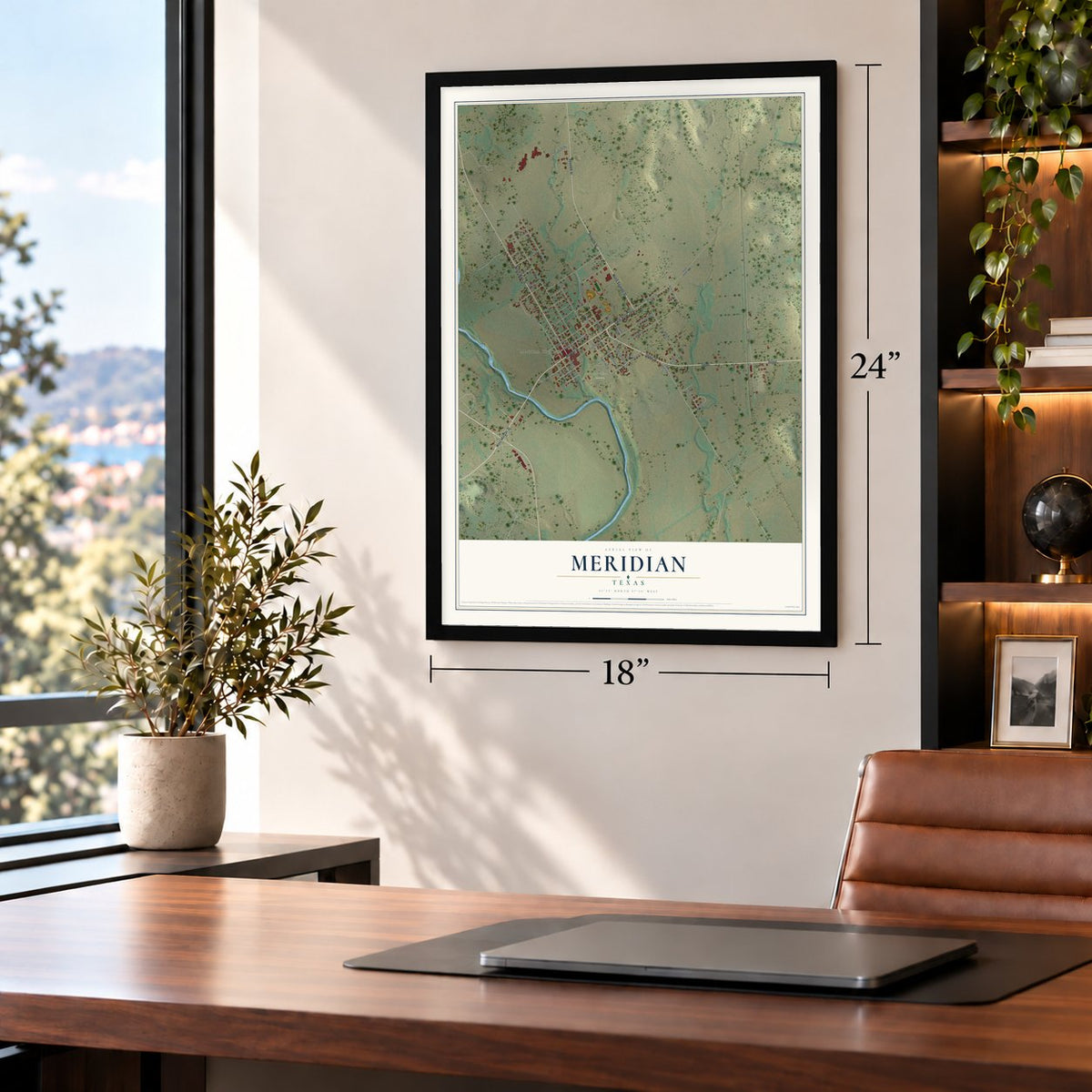 Meridian, Texas map, 18 x 24 inch print in a black frame in a home office