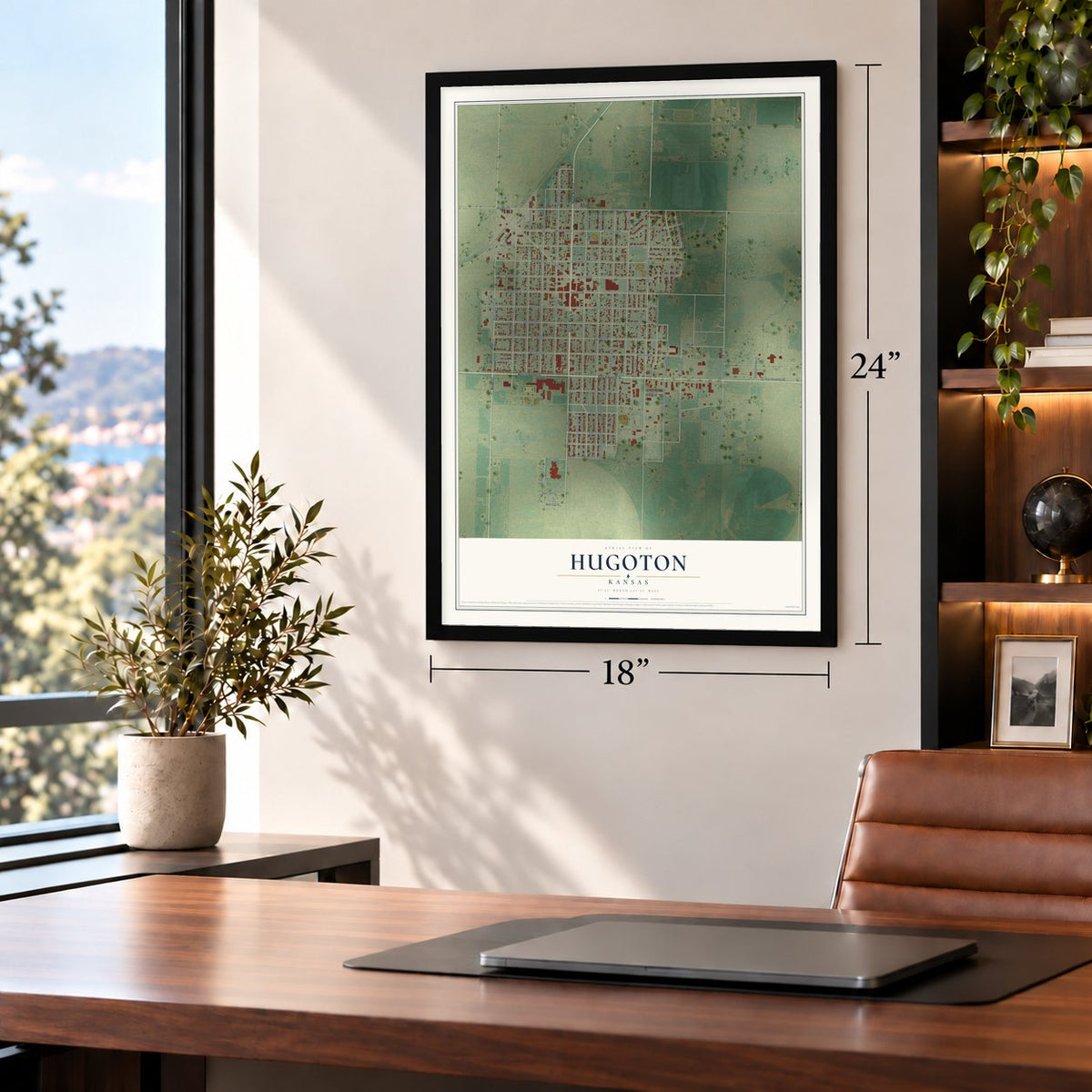 Hugoton, Kansas map, 18 x 24 inch print in a black frame in a home office