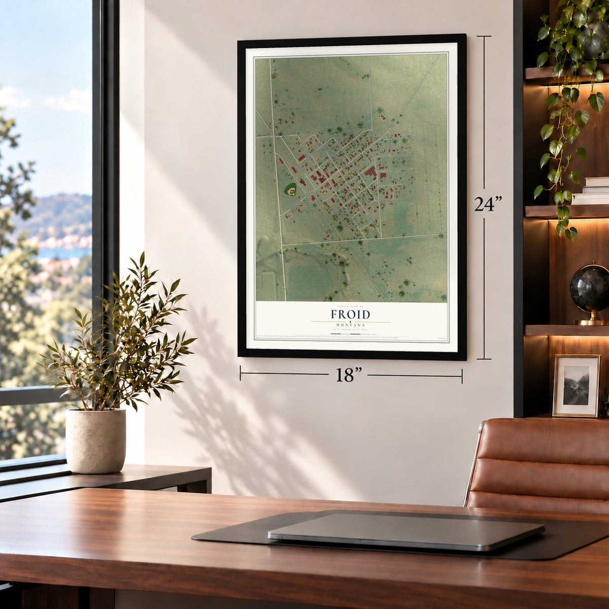 Froid, Montana map, 18 x 24 inch print in a black frame in a home office